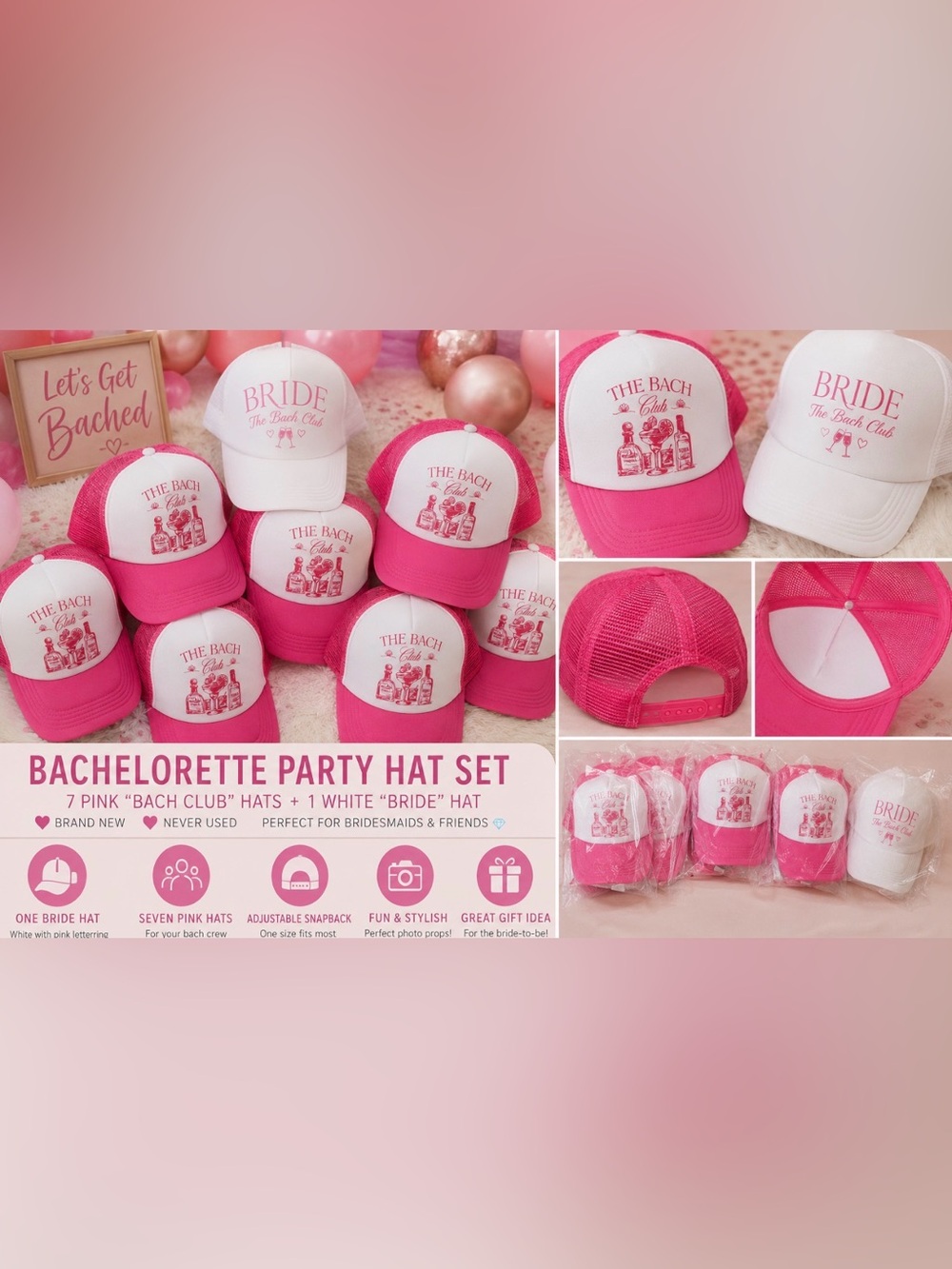 NEW The Bach Club Bachelorette Party Hat Set 8pc Pink White Bride Bridal